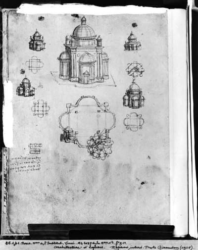 Designs for a centrally planned church, fol. 3v from Codex Ashburnham I and II by Leonardo da Vinci